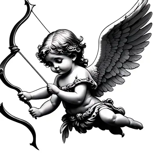 Cherub angel holding a bow and arrow for shoulder tattoo, less realistic abit cartoon like tattoo design idea
