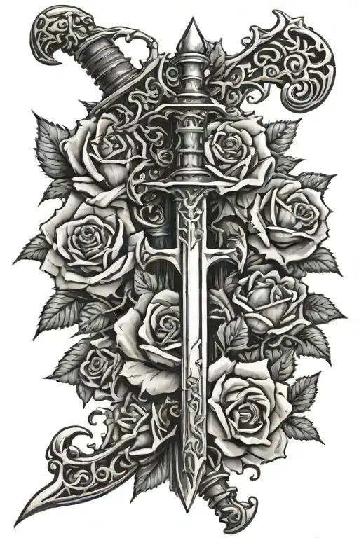 double edged sword covered in thorns and roses tattoo design idea