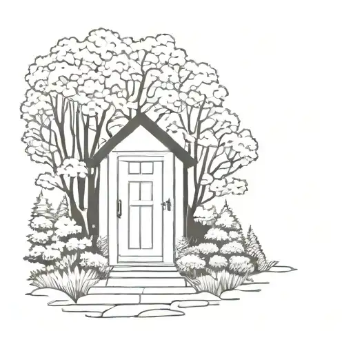 welcoming open door of a house surrounded by forest tattoo design idea