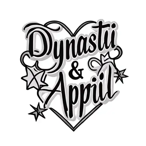"Dynasti & April"  name script hearts and stars tattoo design idea
