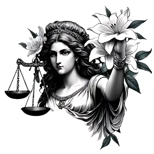 taurean goddess holding Libra scales with cherryblossoms and Lilly flowers tattoo design idea