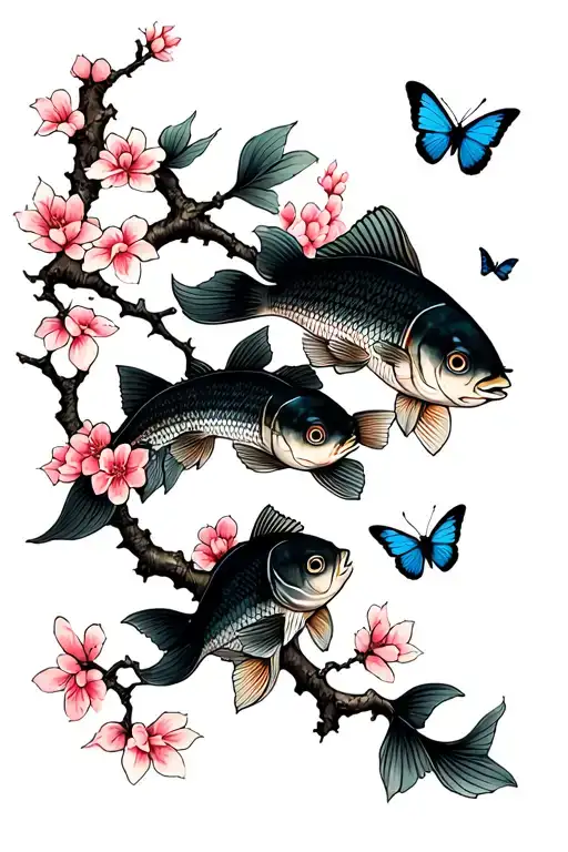 cherry tree branch with coi fish and butterflies flying tattoo design idea