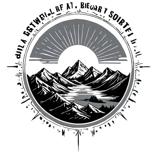 mission mountains, sunray inside circle with north east south west tattoo design idea