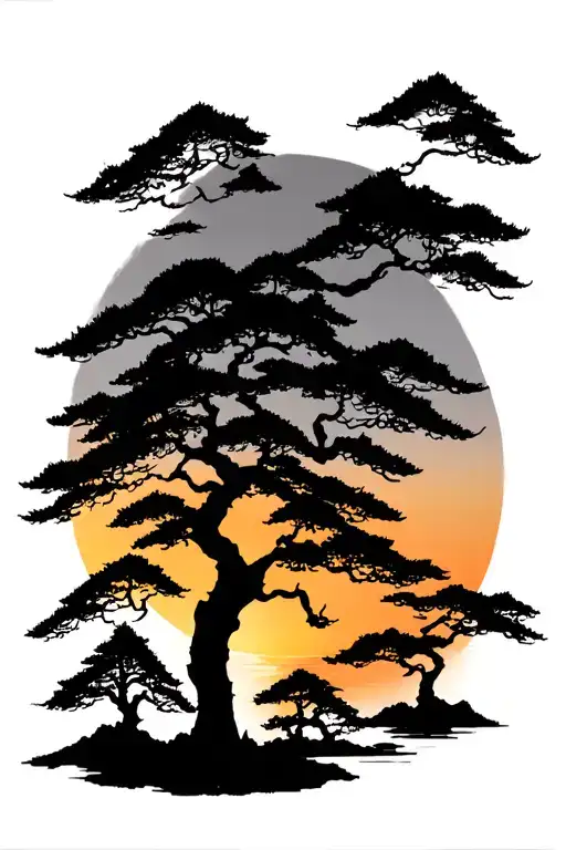 japanese and pine trees colors sunset tattoo design idea