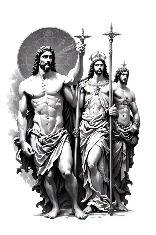 God figures scattered around the lines: Zeus, Athena, Hades, Atreus, Poseidon tattoo design idea