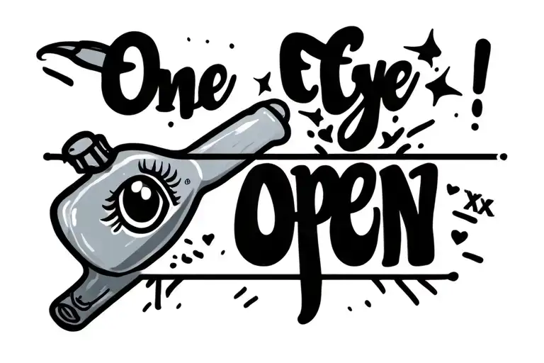 the words "one eye open" in a straight line in childish handwriting with a cartoon liqour bottle that says "xxx" tattoo design idea