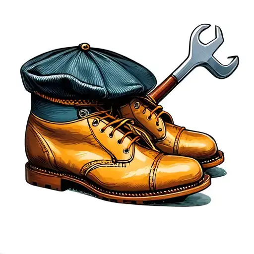 a newsboy cap, vintage football boots, a golf club and a spanner  tattoo design idea