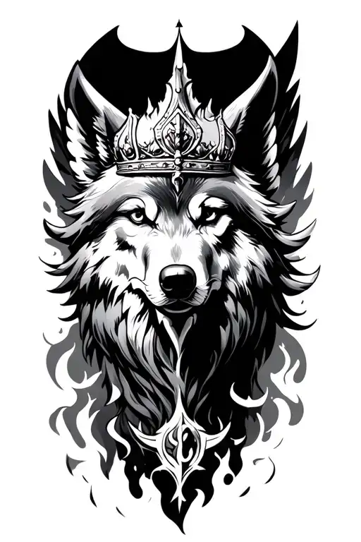 st. michael archangel, wolf, crown, fire, mystic tattoo design idea