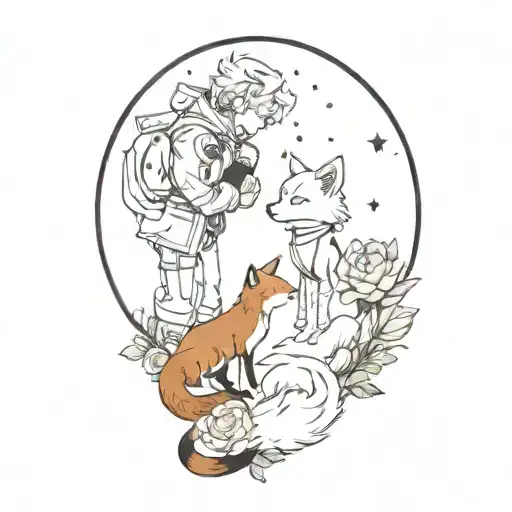 little prince, together with a rose, and a fox, side by side looking at the galaxy tattoo design idea