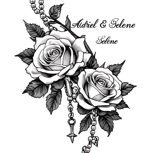 Rosary, two roses, names: Adriel & Selene tattoo design idea