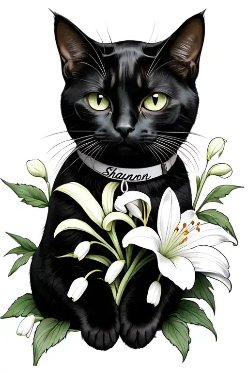 black female cat with a collar that says shannon holding lily of the valley flower tattoo design idea