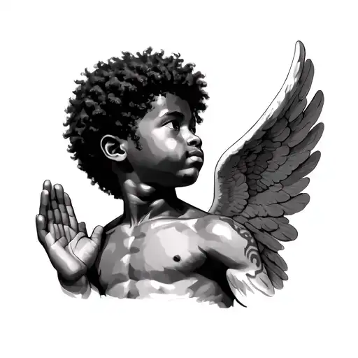 realistic African American angel boy with Afro praying with head looking slightly up for a neck tattoo tattoo design idea