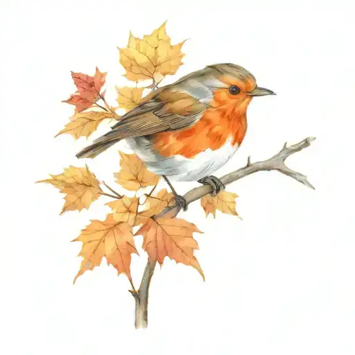 robin perched on maple leaf tattoo design idea