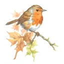 robin perched on maple leaf tattoo design idea