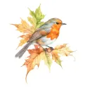 robin perched on maple leaf tattoo design idea
