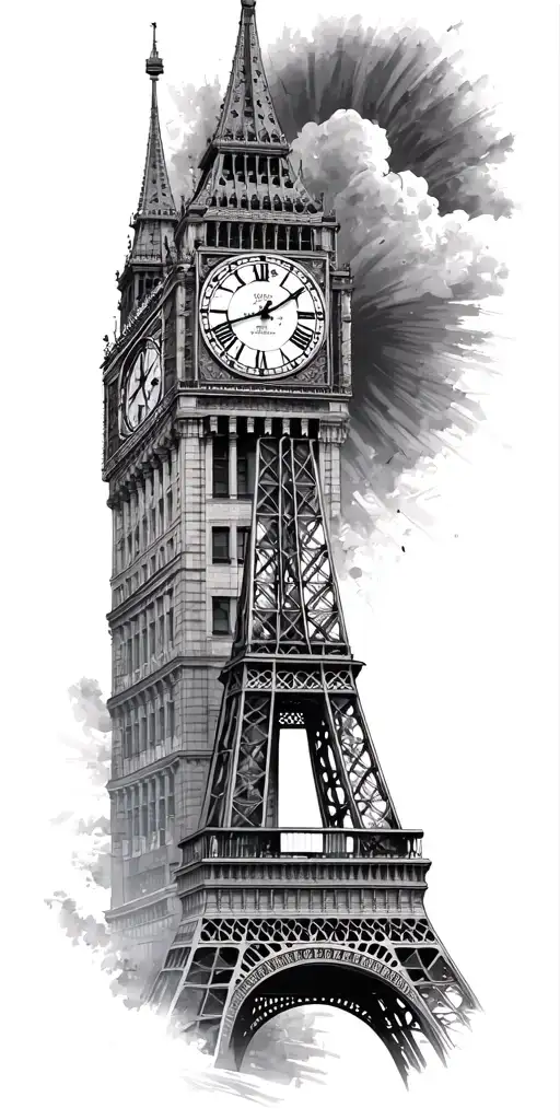 eiffel tower building, coliseum building, big ben clock face, brandenburg gate, new york buildings tattoo design idea