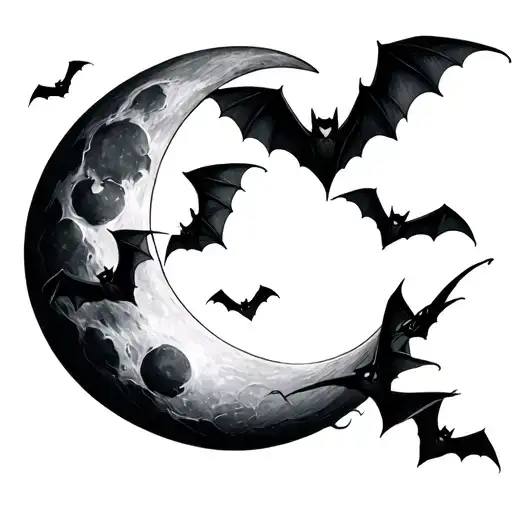 cresent moon with bats flying around tattoo design idea