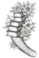 full sleeve arm tattoo with a stack of book and flowers tattoo design idea