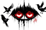 Itachi Uchija eyes with black and red ink, with crows around tattoo design idea