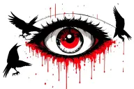 Itachi Uchija eyes with black and red ink, with crows around tattoo design idea