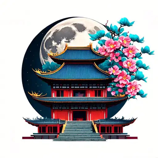 chinese building with moon in backround and with mandala and some flowers tattoo design idea