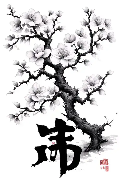 plum blossom tree with Chinese calligraphy tattoo tattoo design idea