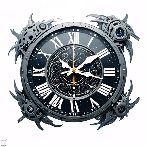 futuristic clock, mostly white tattoo design idea