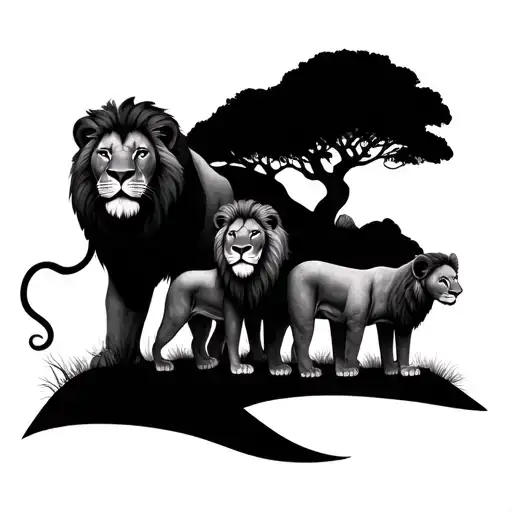 tree  with lion family of 4 tattoo design idea