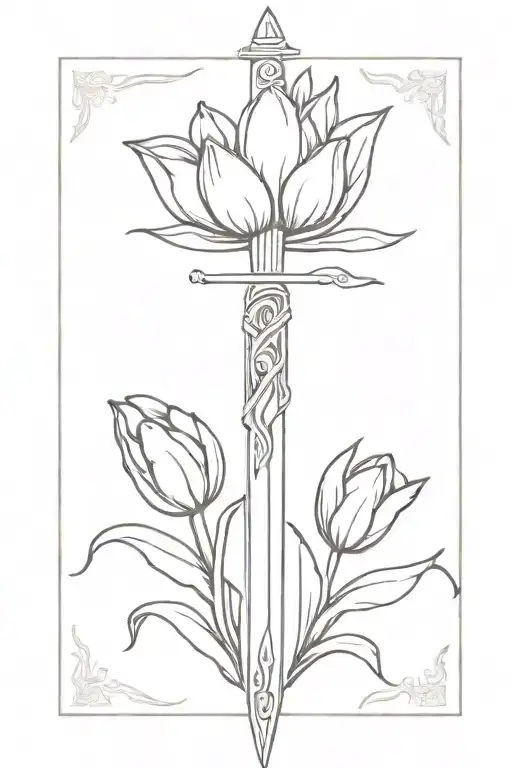 Sword wrapped with tulips with a crown at the top tattoo design idea
