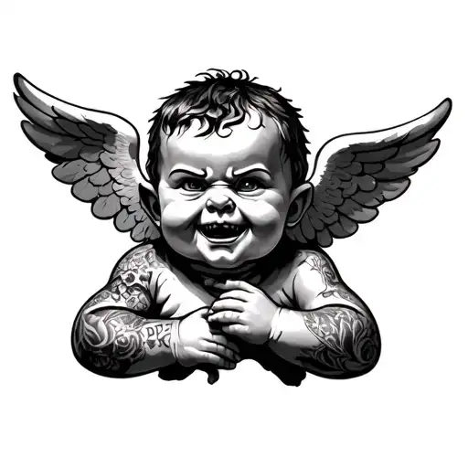 gangster looking cherub with teardop tattoo and tattoo sleeves give him an evil grin tattoo design idea