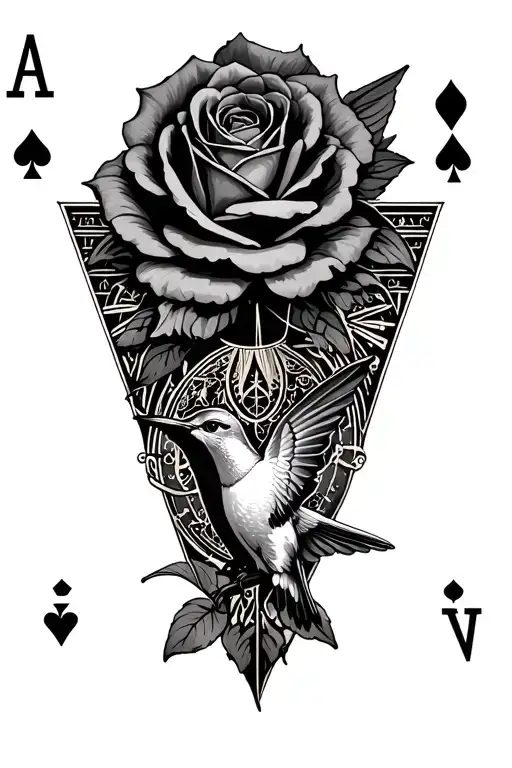 ace card, roses, sundial, hummingbird tattoo design idea