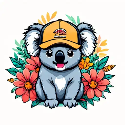 cute koala wearing skate cap surrounded by flowers tattoo design idea