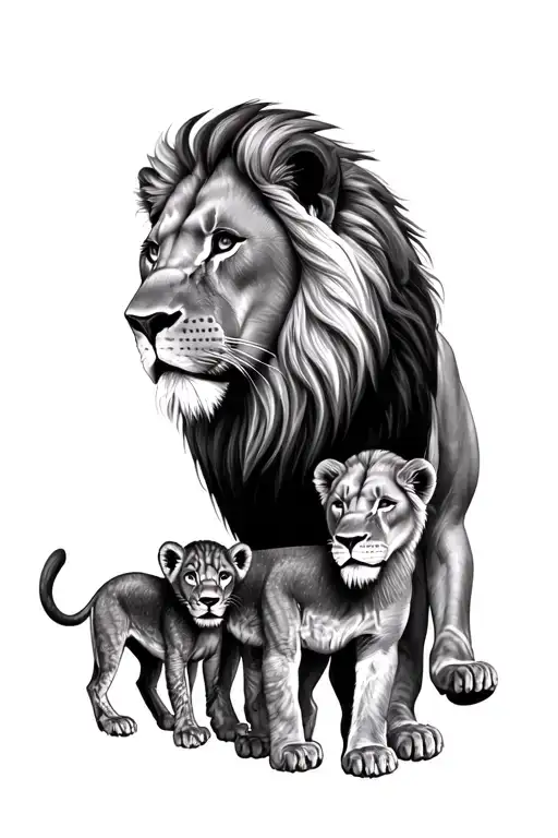 1 male lion 1 female lion and 2 cubs tattoo design idea
