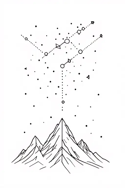 minimalist mountain range with the Gemini constellation shining above, representing growth and cosmic connection. tattoo design idea
