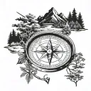 a compass with oceans trees and mountains in the middle with an arrow shooting through the compass  tattoo design idea