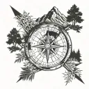 a compass with oceans trees and mountains in the middle with an arrow shooting through the compass  tattoo design idea