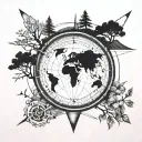 a compass with oceans trees and mountains in the middle with an arrow shooting through the compass  tattoo design idea
