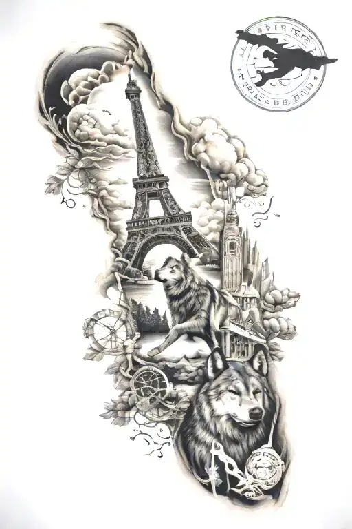 A travel-themed sleeve tattoo featuring iconic landmarks from around the world, with a wolf as the central figure representing the client's spirit of adventure tattoo design idea