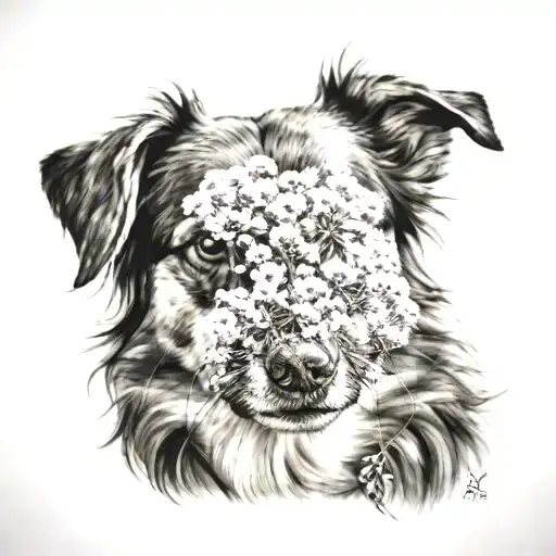 dog with acacia dandelion tattoo design idea