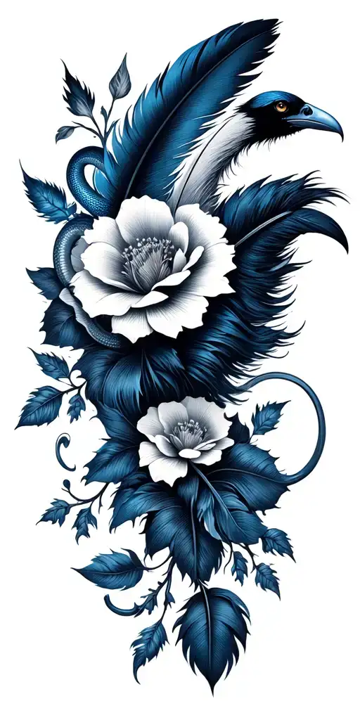 black and grey floral sleeve with a small blue snake and a raven feather tattoo design idea