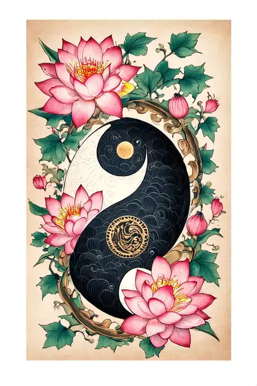 Bras entier intérieur extérieur, theme japonais avec cerisier, lotus et ying yang tattoo design idea