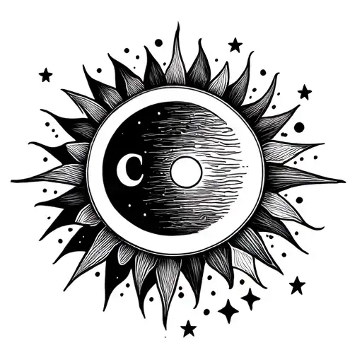 fine line spine tatto sun with semi colon on top and small stars and moon on the bottom subtle ikigai japanese tattoo design idea