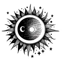 fine line spine tatto sun with semi colon on top and small stars and moon on the bottom subtle ikigai japanese tattoo design idea