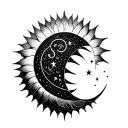 fine line spine tatto sun with semi colon on top and small stars and moon on the bottom subtle ikigai japanese tattoo design idea