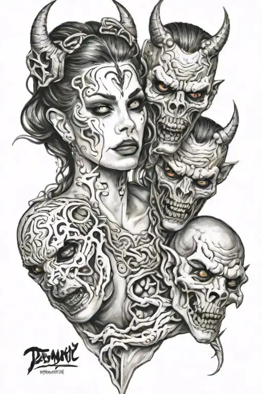 demon girl with  demon men in seducing pose with clarity on both faces tattoo design idea