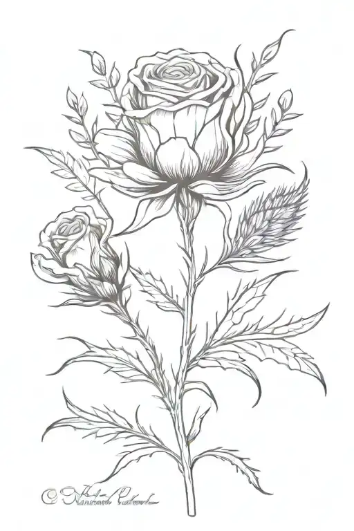 scottish thistle, single rose and lavendar flower bouquet tattoo design idea