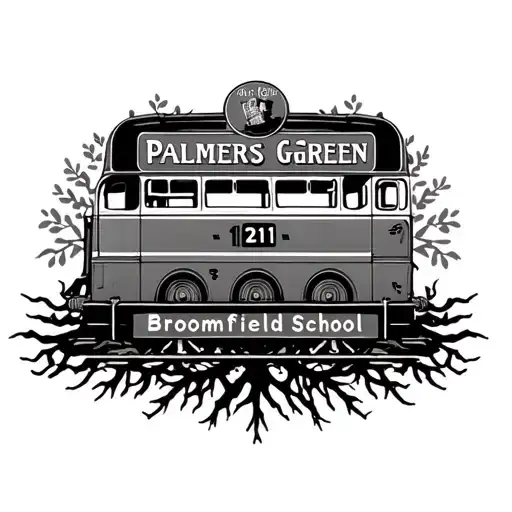 palmers green train sign + tree roots + 121 london bus + broomfield school tattoo design idea