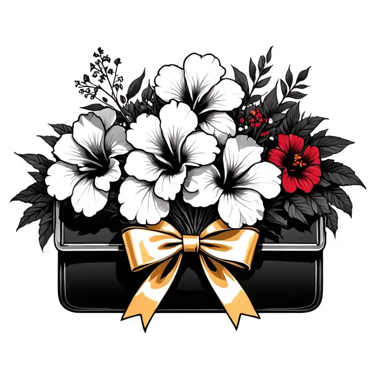 bouquet of red hibiscus flowers with black purse and gold bow tattoo design idea
