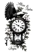 "Alexa & Jaydon" "Alexa & Jaydon" incorporate a bald eagle, orchid vine wrappedclock or hourglass with a lock and key to resemble protection of my kids tattoo design idea