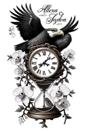 "Alexa & Jaydon" "Alexa & Jaydon" incorporate a bald eagle, orchid vine wrappedclock or hourglass with a lock and key to resemble protection of my kids tattoo design idea